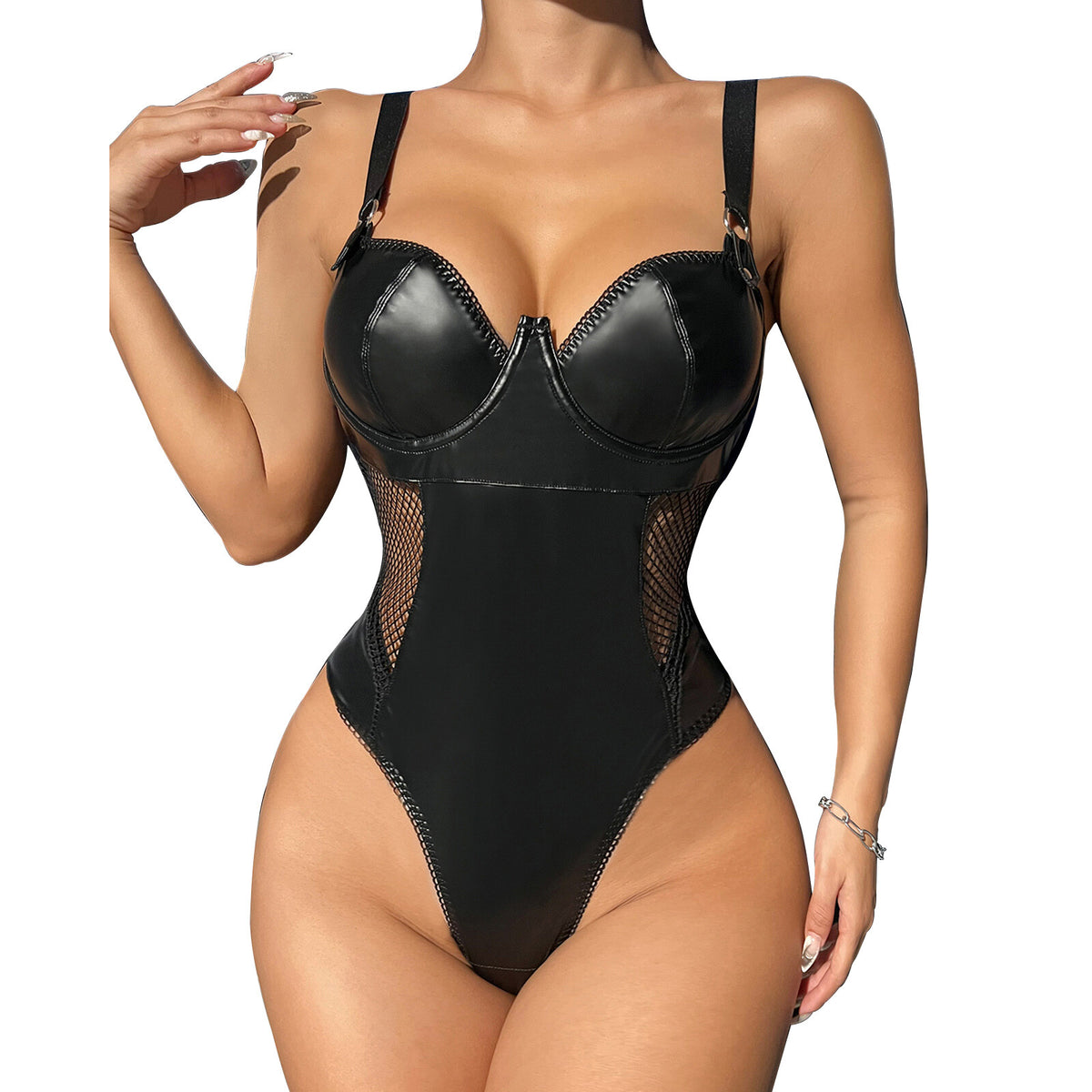 Leather Bodysuit for Women One Piece Thong Swimwear High-Cut Bathing Suits Tank