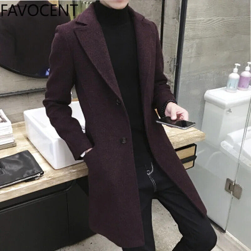 Men's Long Casual Top Coats Warm Coat Lapel Collar Overcoat Windbreaker