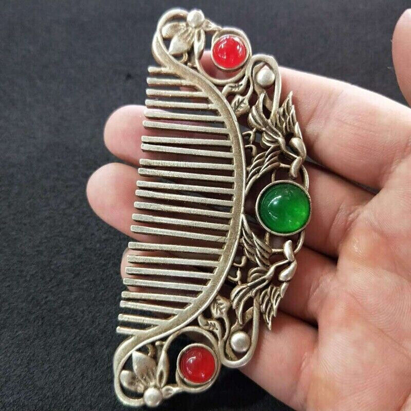 Chinese old Tibet Silver carving Flowers green jade comb