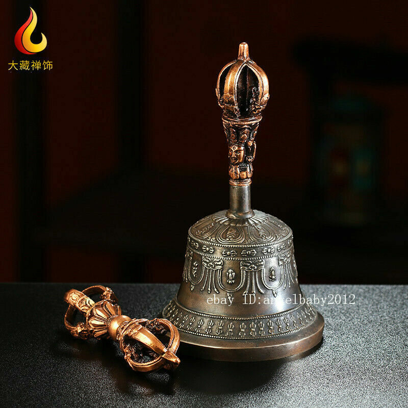 6.69" A Set Tibetan Bronze Copper Gilt Nepal Buddhism Handmade Dorje Vajra Bell