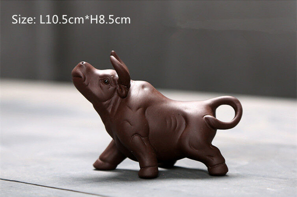 4.1" Chinese Lovely Tea Pet Yixing Zisha Purple Clay Ornament Tea Play Ox New