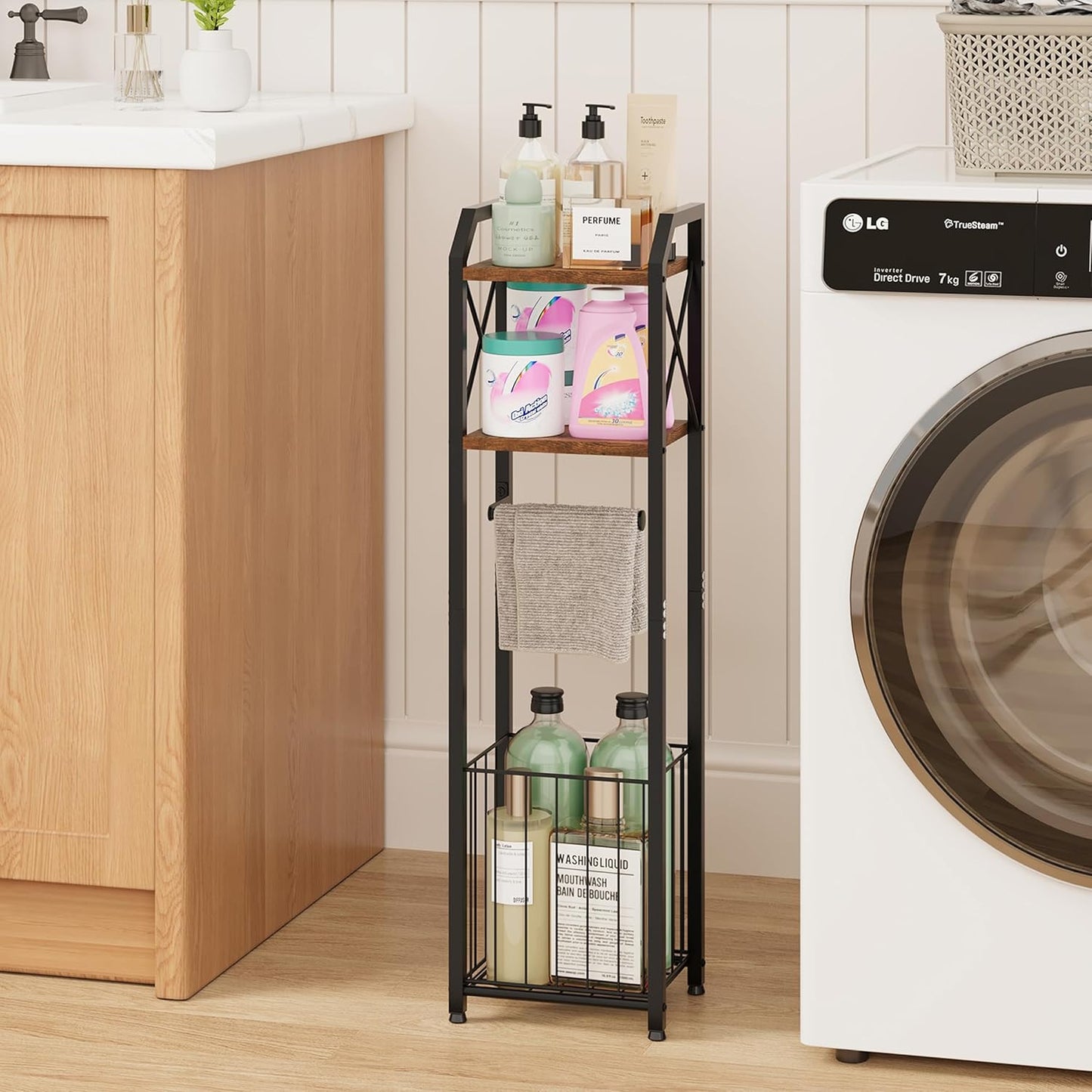 Freestanding Toilet Paper Holder - 4-Tier Bathroom Tissue Organizer with Wood Sh