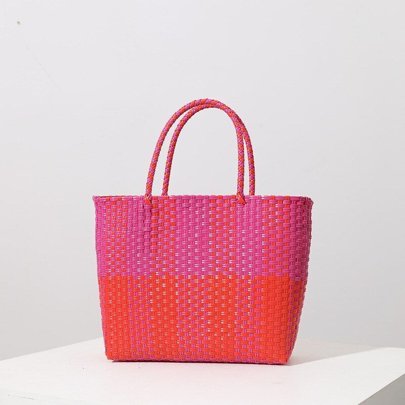 Plastic Hand-woven Bag Large Square Shopping Basket Bag Shoulder Purse Tote Bags
