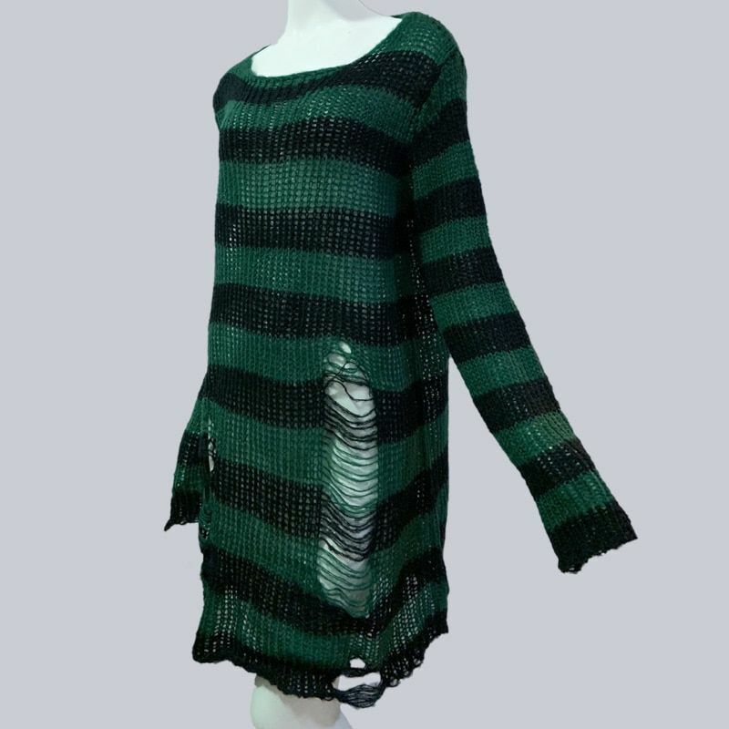 Unisex Sweater Plus Size Punk Long Dress Hollow Hole Broken Jumper Loose Thin