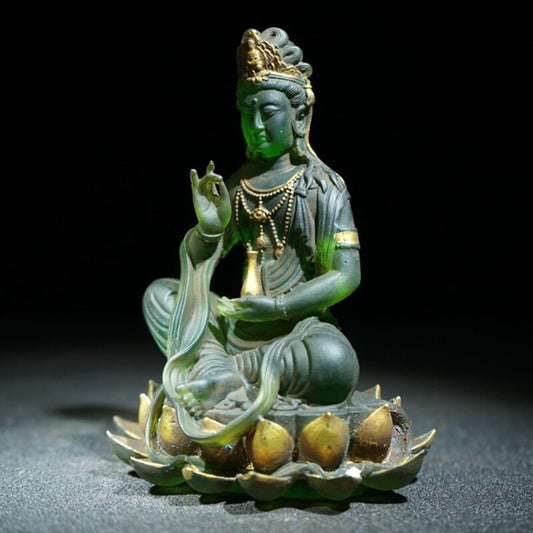 Vintage Antique Peking Glass Buddha Figurine Carving Zen Kwan Yin Statue Opening
