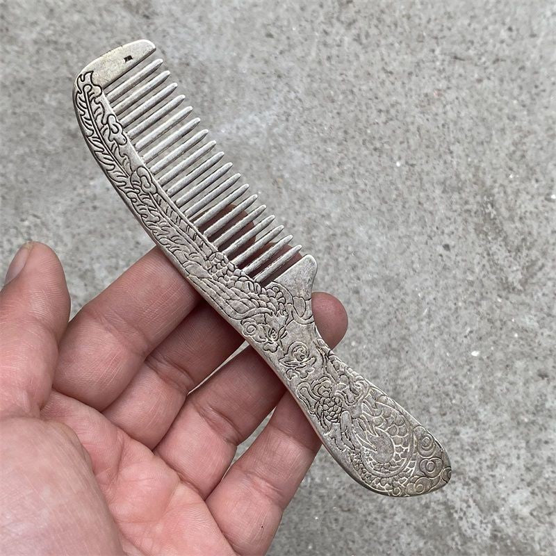 Handmade Tibetan Silver Comb Dragon Phoenix Carved Hair Comb Decorative Piece
