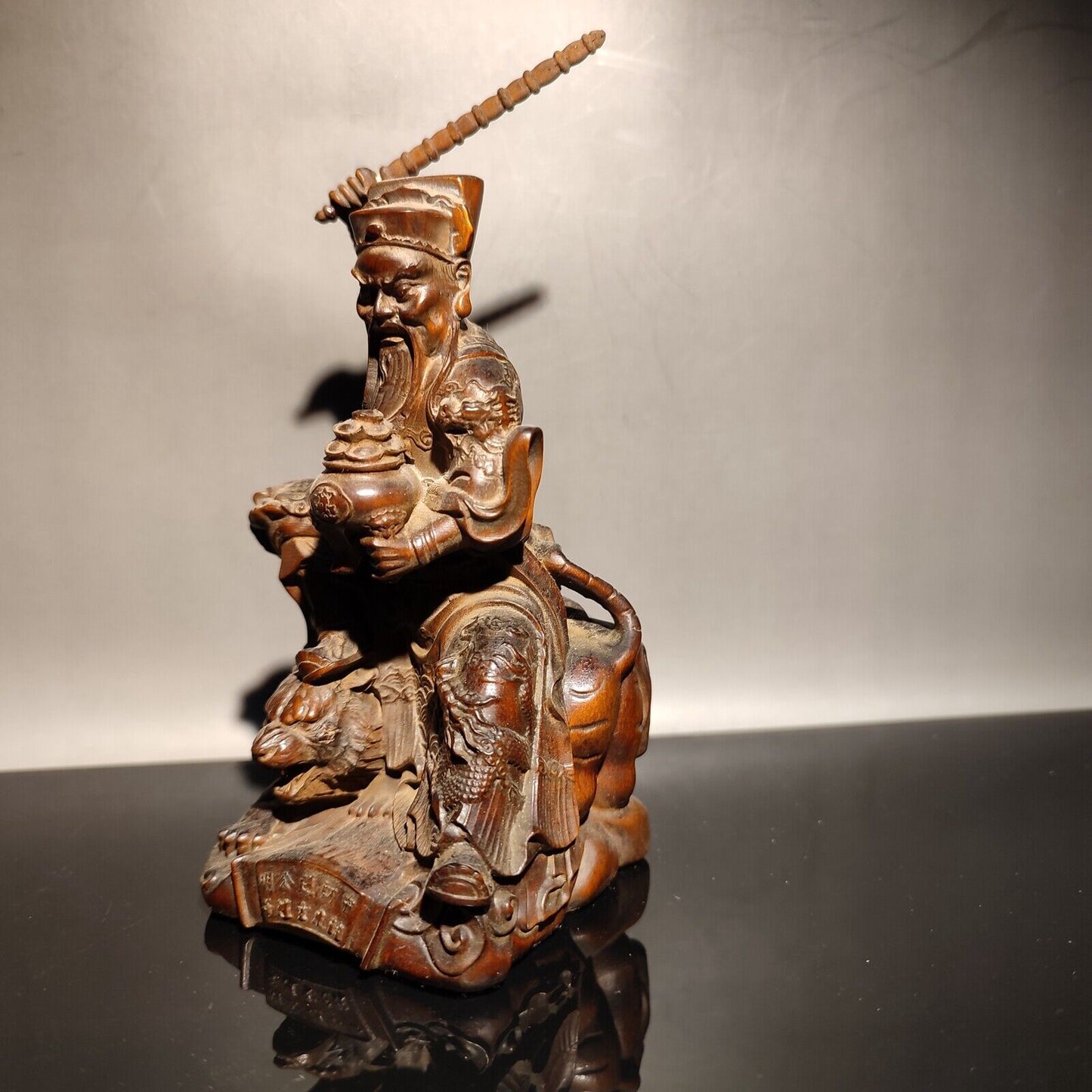 chinese boxwood carving God of Wealth Zhao Gongming fortune action figure buddha