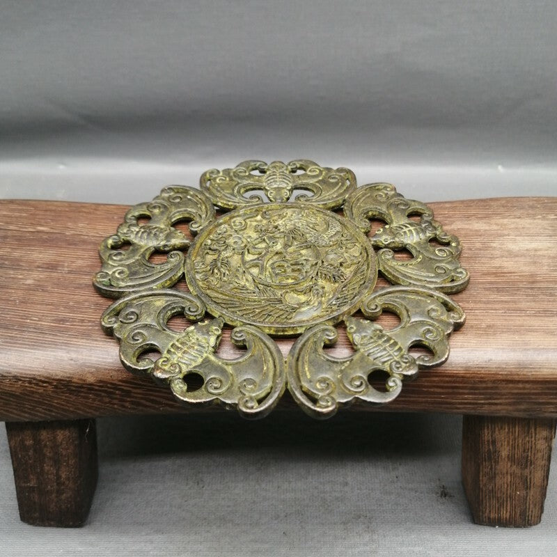 Old Chinese bronze copper handcarved fu word bat Pendant Waist card