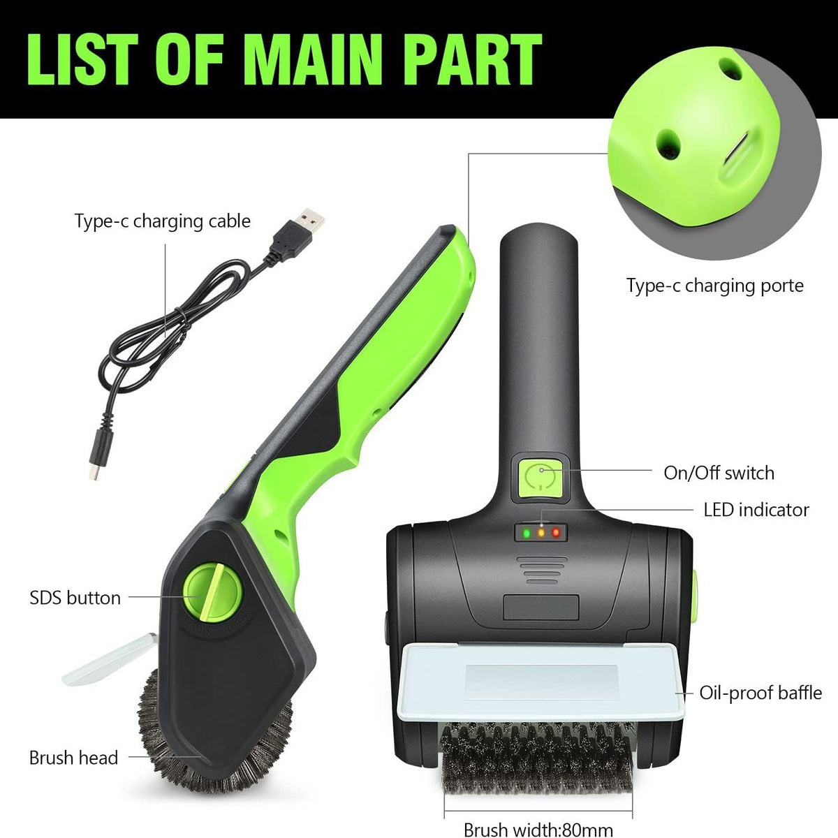 Rechargeable Cordless Electric BBQ Grill Cleaning Scrub Brush Black/Green