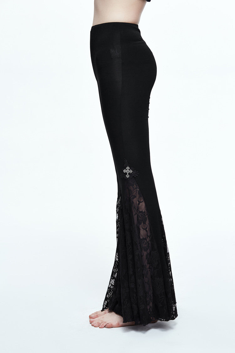 Women Gothic Sexy Lace Stretch Leggings Steampunk High Waist Black Flare Pants