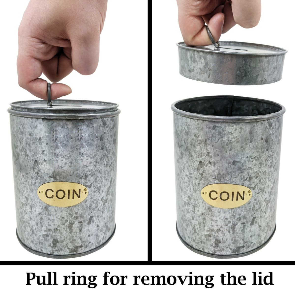 Galvanized Coin Can with Coin Slot and Removable Lid, Silver Farmhouse Piggybank