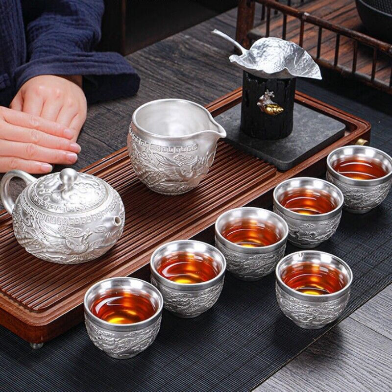 999 pure silver tea set handmade tea pot sterling silver tea cup dragon relief
