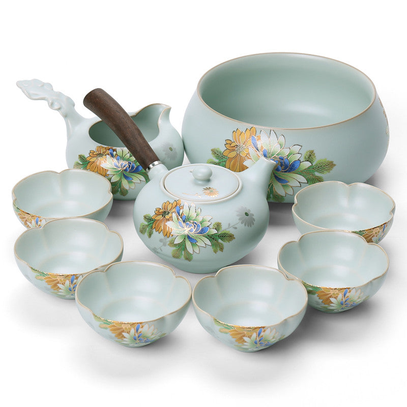 Complete Tea Set Boutique Ruyao Craft Flower Relief Tea Pot Gaiwan Tea Cups Bowl