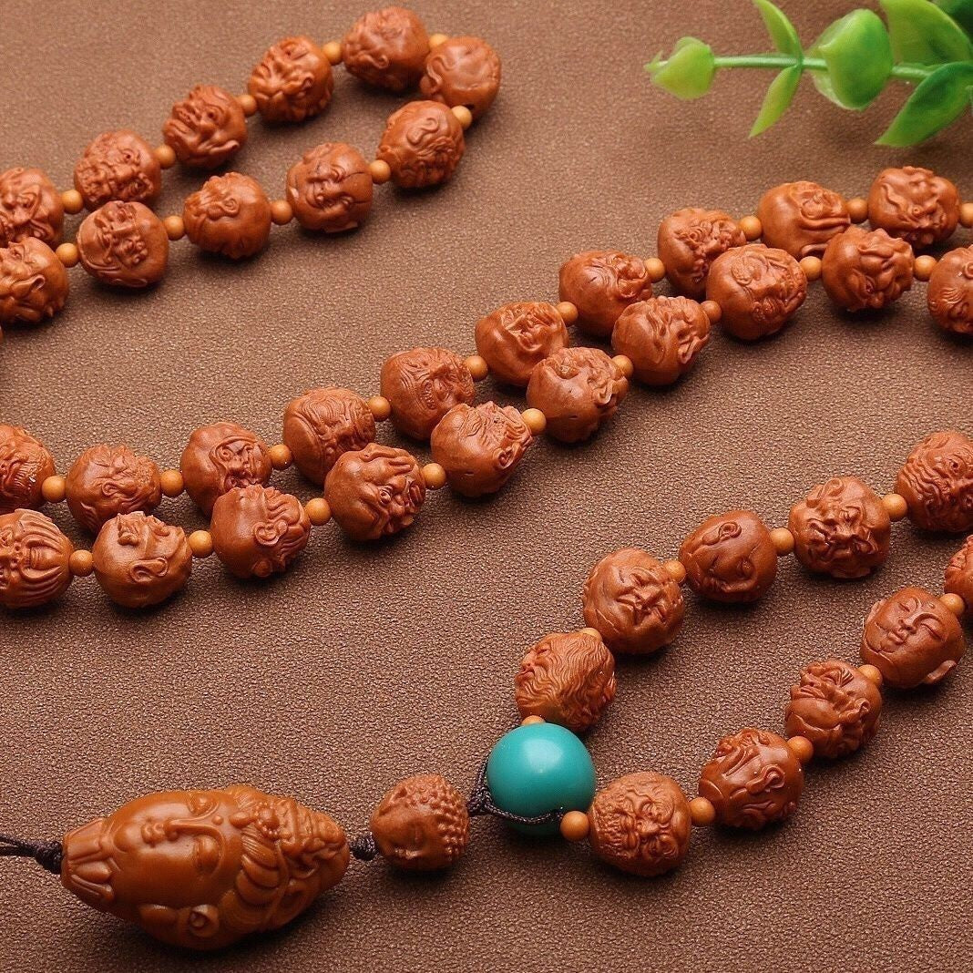 Walnut Carved 108 Arhat Beaded Necklace 54 Beads Buddhist Prayer Mala