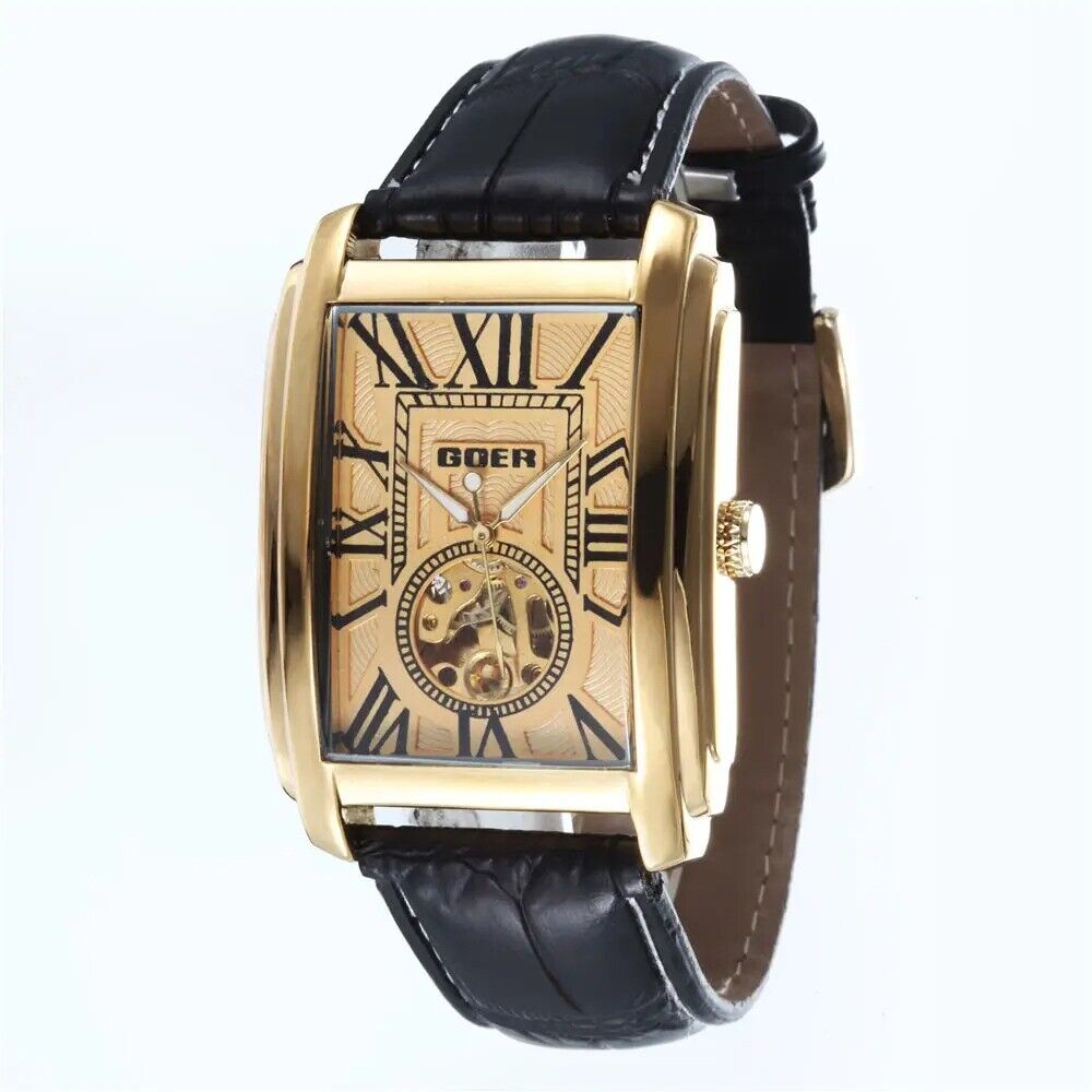 Retro Men's Watch Automatic Mechanical Wrist Watch Skeleton Leather Rectangle