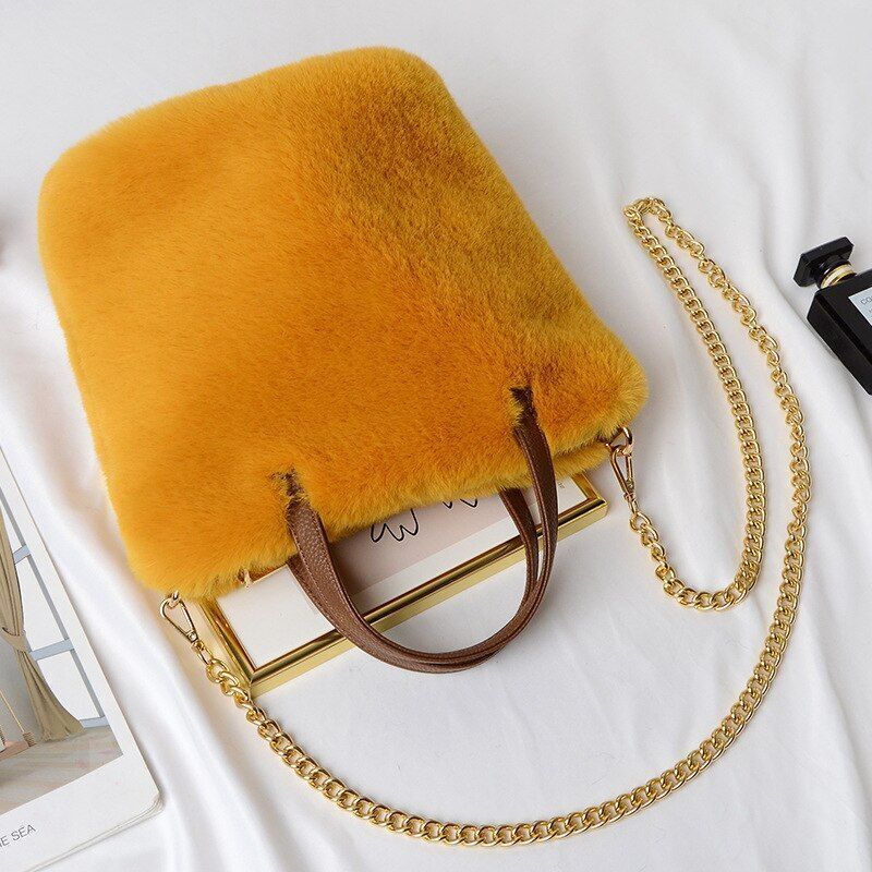 Fluffy Tote Bag Sling Chains Shoulder Strap Crossbody Faux Fur Bucket Handbag