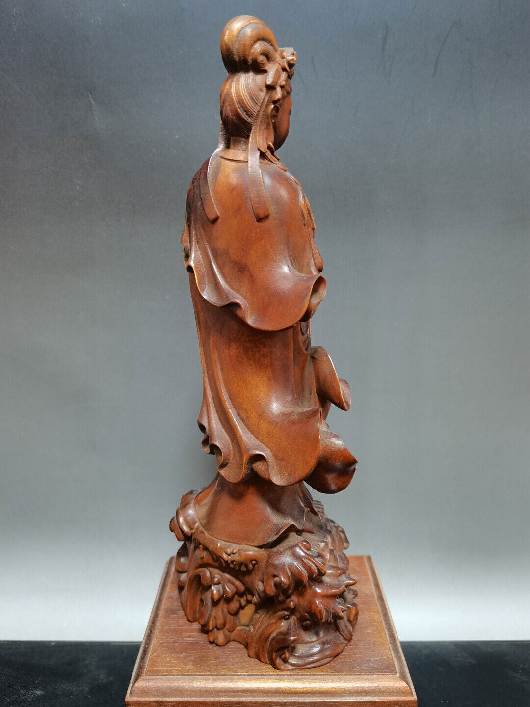 China Antique Decor Wooden Kwan Yin Statue Carved Boxwood Figures Sculpture Art