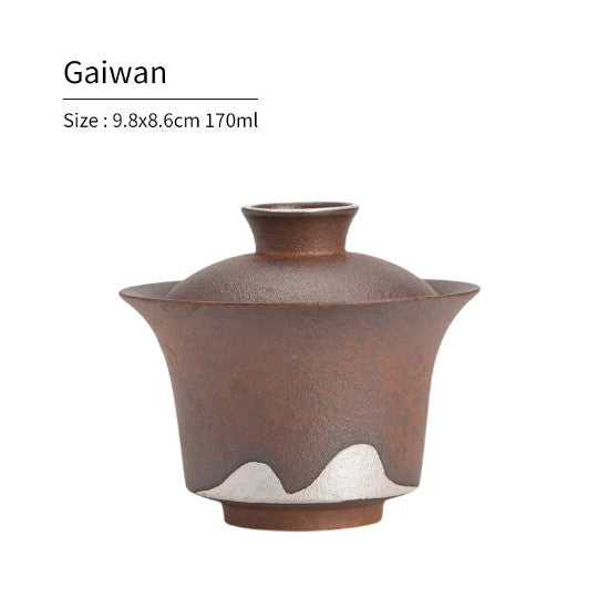 Coarse Pottery Ceramic Gaiwan with 999 Gilt Silver HandPainting Mountain 170ml