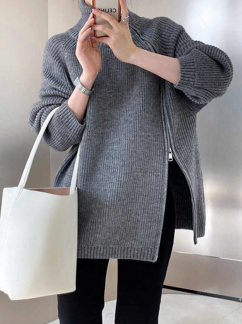 Women's Turtleneck Zipper Sweater Gray White Black High Neck Jumper