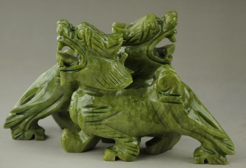 Chinese Natural green Jade Dragon Pixiu Statue Pair