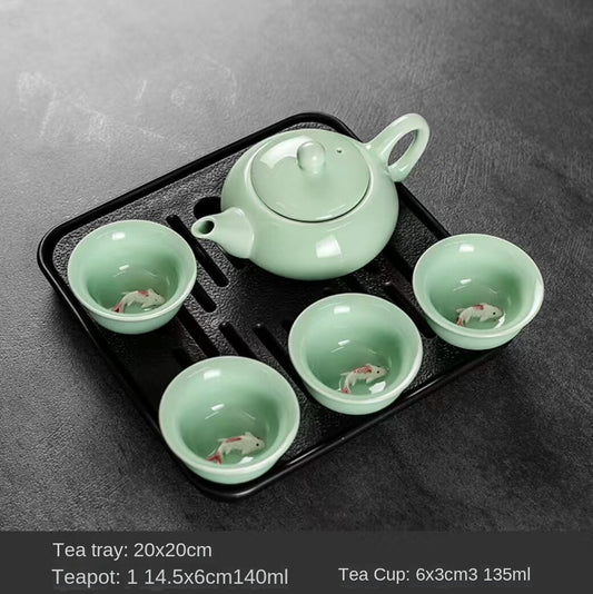 New Set Chinese Celadon Porcelain Teapot With Fish Tea Cup
