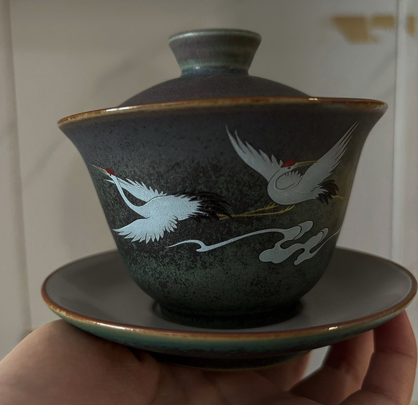 Kiln Changed Crane Pattern Gaiwan 11.8x9.5cm 200ml Ceramic Tea Cup Set