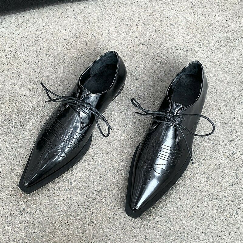 New Womens Brogues Pointy Toe Lace Up Flat Heel Casual Pumps Shoes Retro 34-40