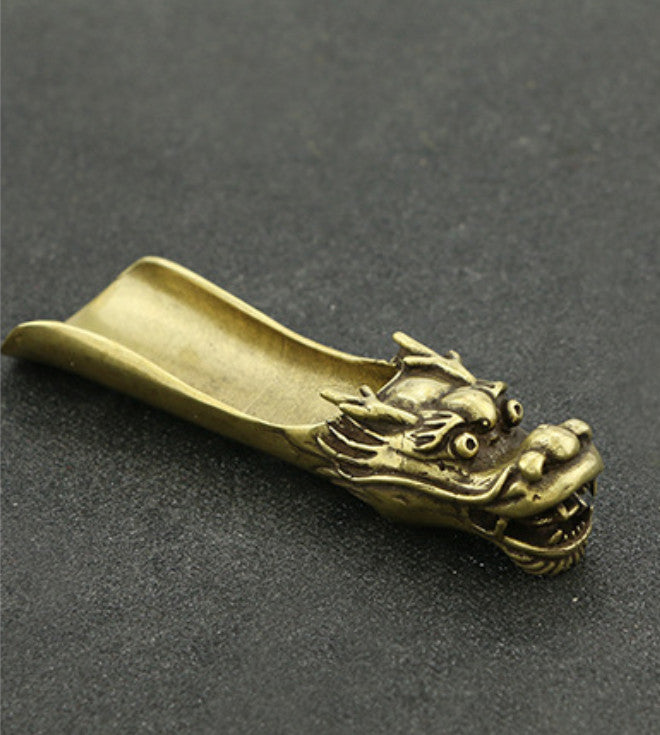 12CM Collection Curio China Bronze Dragon Head Gongfu Tea Spoon Small Statue