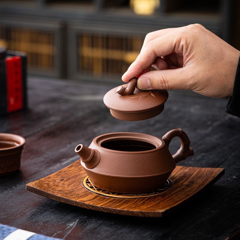 Vintage Yixing Clay Teapot Pear Skin Bamboo Pattern Tea Kettle 210ml