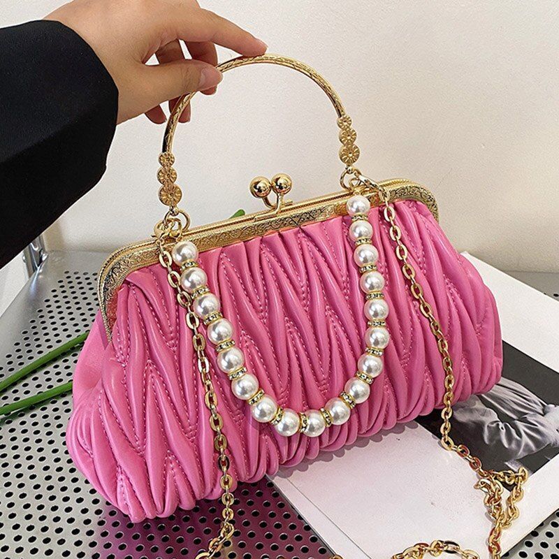 Orange Green Shoulder Bags Pearl Chain Clutch Crossbody Bags Synthetic Leather