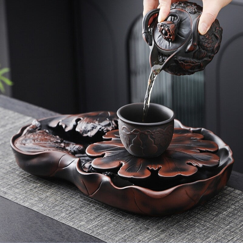Ceramic Tea Tray Water Reservoir Holder For Tea Set Lotus Design Purple Pottery