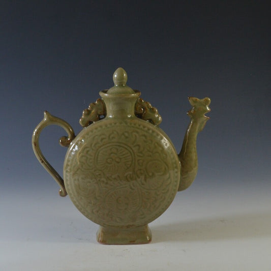 8.3" Chinese Porcelain Yaozhou Kiln Green Glaze Animal Phoenix Flower Teapot