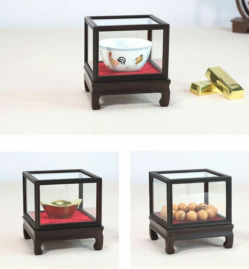 Ebony Wood Display Protect Glass Cover Wooden Trim Frame Base Dome Case Box