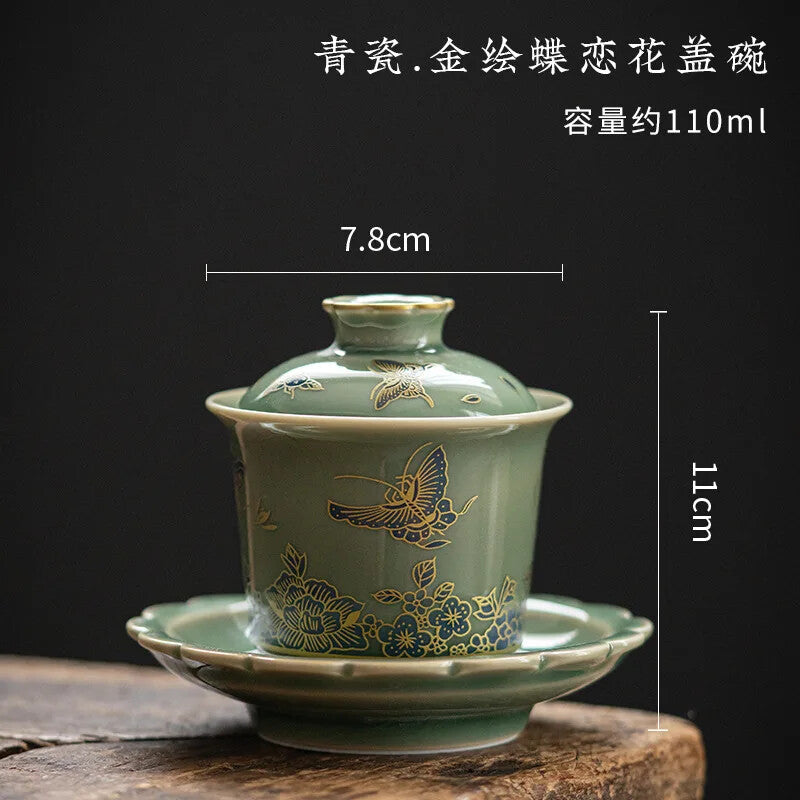 Chinese Style Retro Celadon Covered Bowl Ceramic Tea Bowl Large Tea Cup
