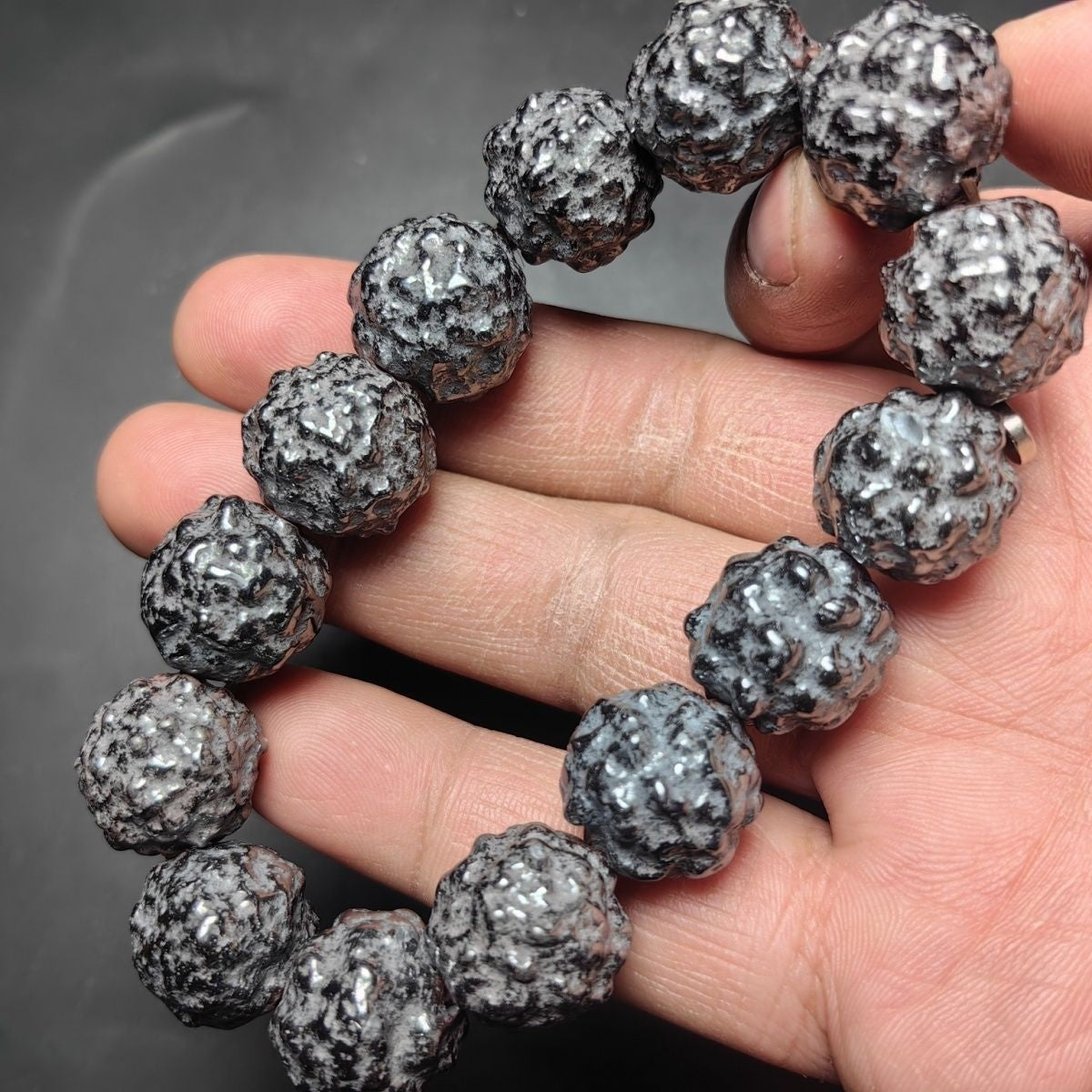 12mm Irregular Meteorite Black Glossy Bead Bracelet Unique Men's Accessory