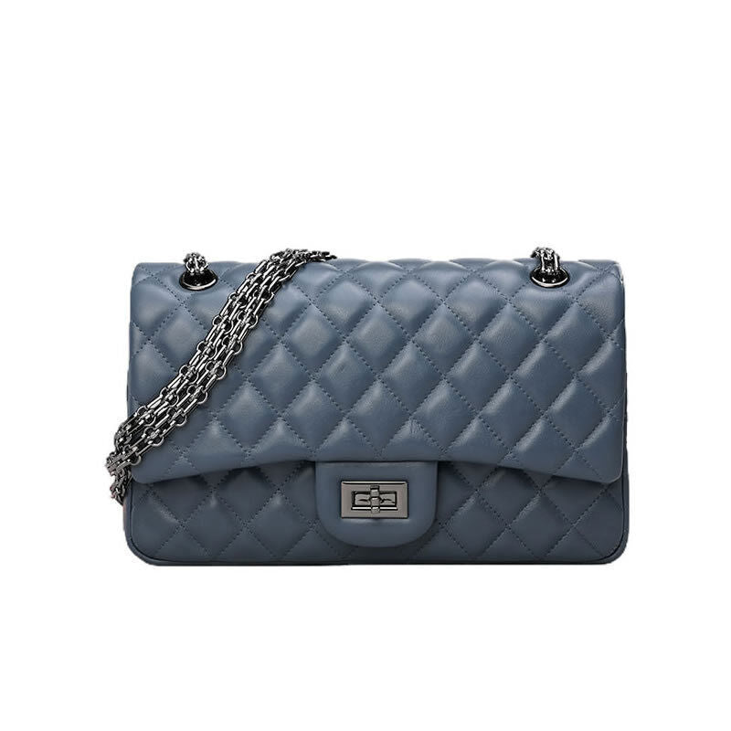 Quilted Sheepskin Leather Double Flap Small Shoulder Bag w/ Chains Handbag Purse