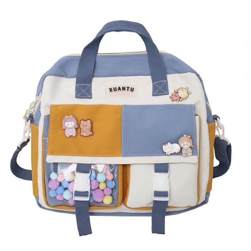 Contrast Color Backpack Multifunctional Nylon Fabric School Bag Purple/Pink/Blue