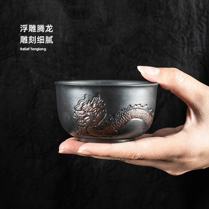 1PC Purple Pottery Tea Cup Dragon Carving Large Size 150ml Kung Fu Tea Set Tool