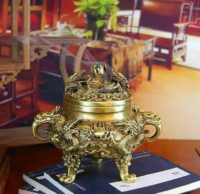 Chinese Hua Li Brass Nine Dragons Kowloon Incense Burner Decor Collected
