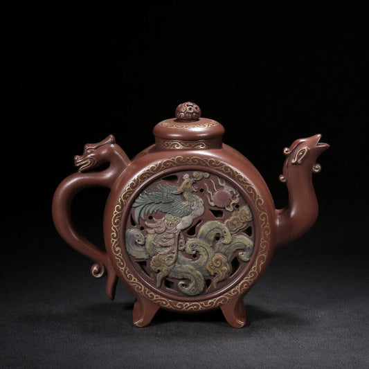 Chinese Yixing Zisha Clay Handmade Exquisite Teapot (龙凤呈祥(描金) 底款:陈鸣远)