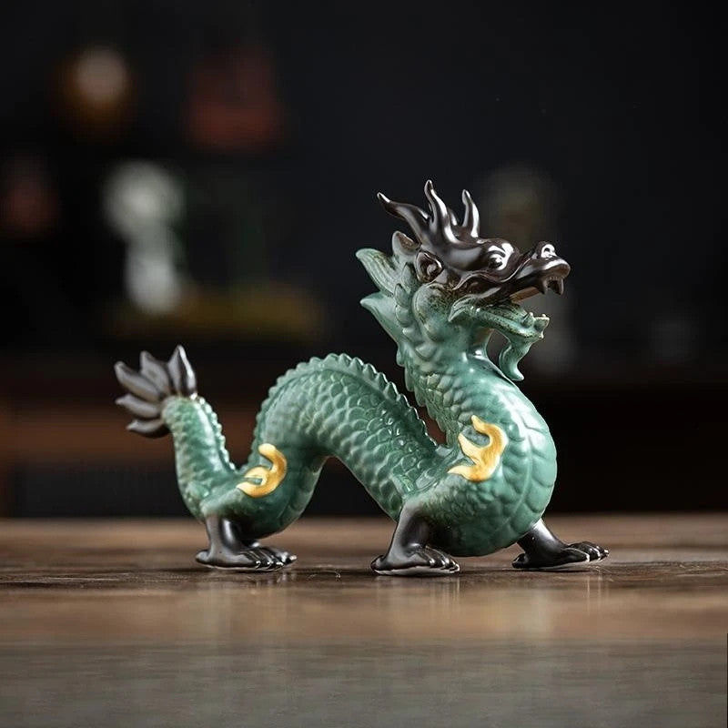 20.5cm Chinese Ceramic Dragon Statue Handmade Attract Wealth Tea Pet Decoration