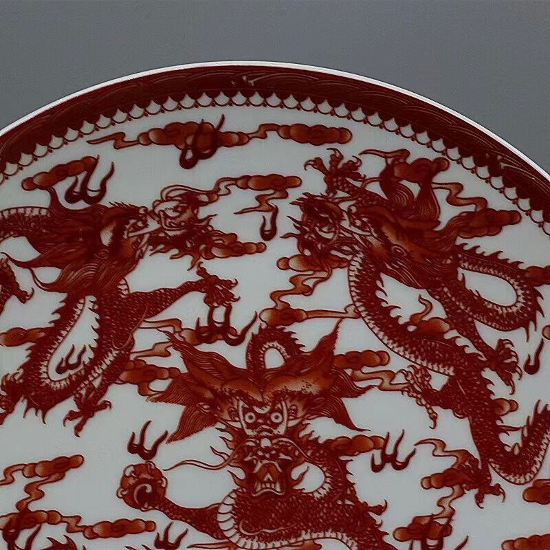 26cm Porcelain Red Glaze Five Dragon Pattern Plate Exquisite Chinese