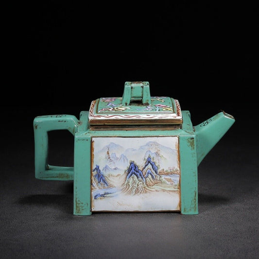 Chinese Yixing Zisha Clay Handmade Exquisite Teapot(四方(珐琅彩) 底款:康熙御制)