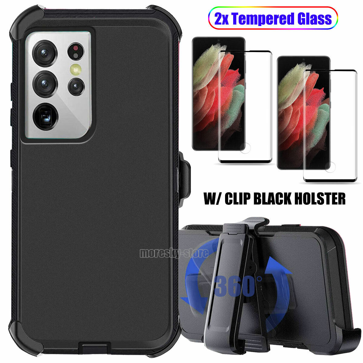 For Samsung Galaxy S21 Plus/Ultra 5G Hard Belt Clip Case Cover Tempered Glass