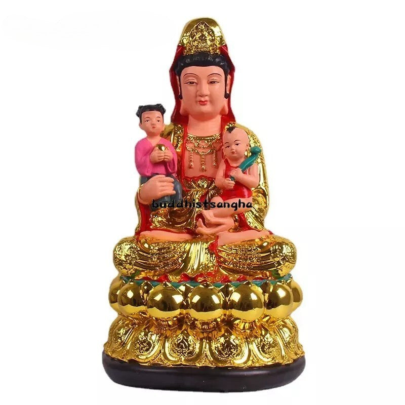 12in Resin Home Offering Buddha Golden Body Red Clothes Guanyin Buddha Statue