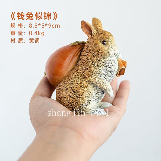 Cute Color Brass Rabbit Statue Wealth Pot Artwork Collection Home Office Decor