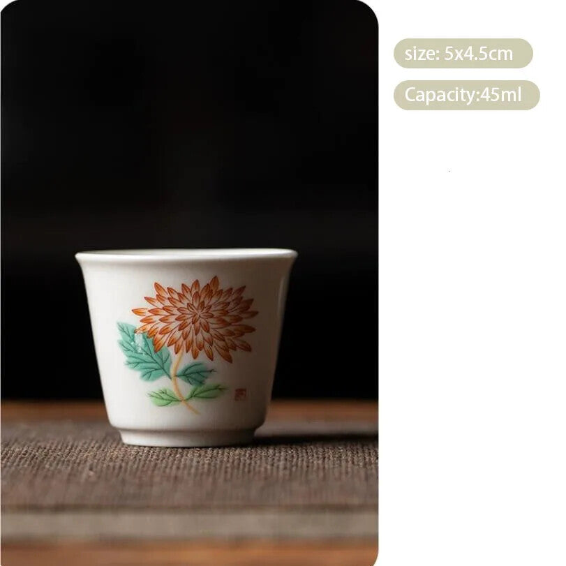 1Pc Chinese Handmade Ceramic Teacup Hand Painted Flower Porcelain Tea Cup