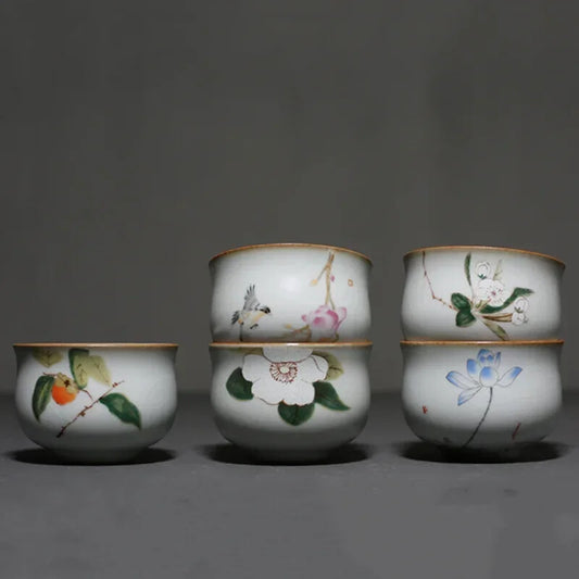 Ru Kiln Ceramic Teacup Travel Portable Hand Painted Flower Tea Bowl Handmade