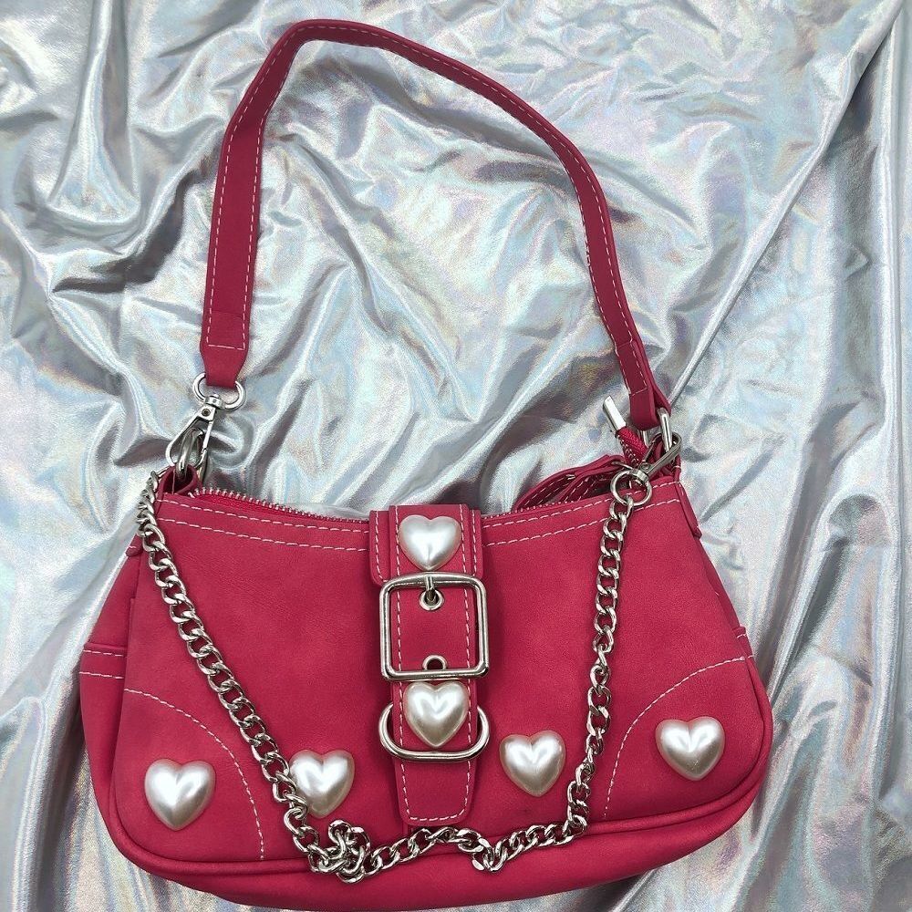 Rose Red Heart Shoulder Bag Underarm Purse Vintage Chain Pouch Crossbody 23*12*5