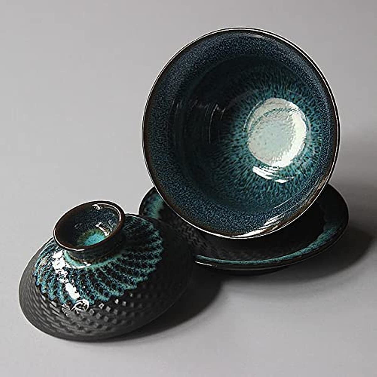 Kiln Glazed Ceramic Jianzhan Teacup Kung Fu Tea Cup and Saucer with Lid